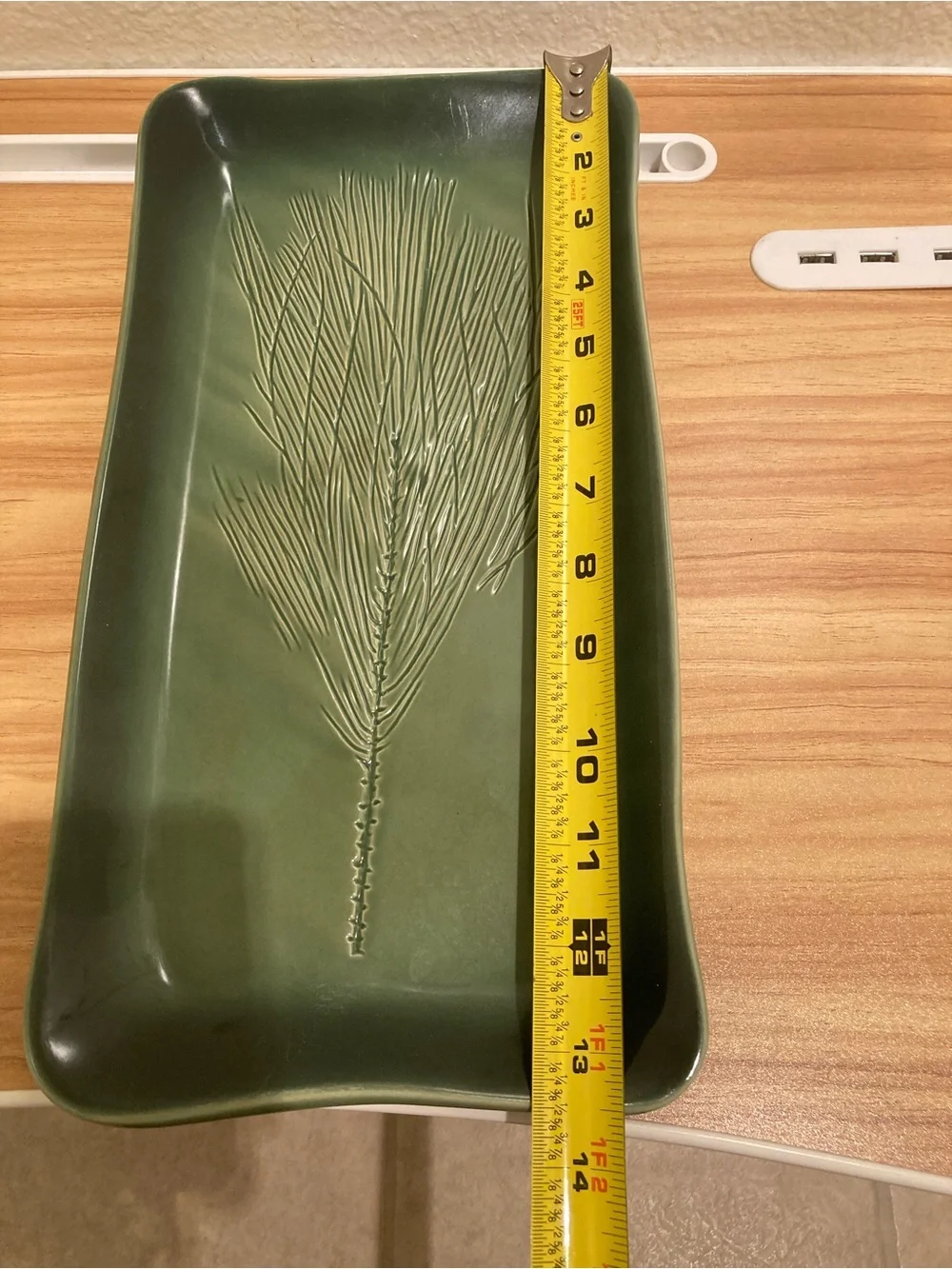 Kay Wayne Signed Studio Art Pottery Pine Needle Branch Green Rectangular Serving